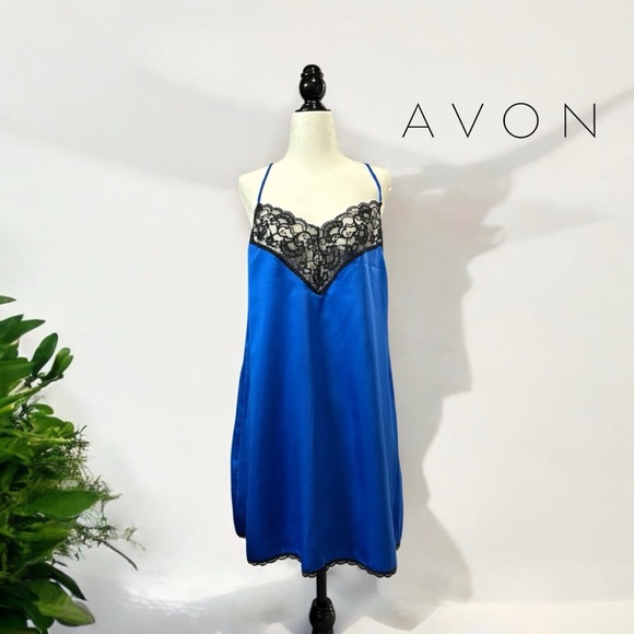 NWOT, AVON Fashions, Lace-Trimmed Silky Negligee, Large, Blue - Picture 1 of 14